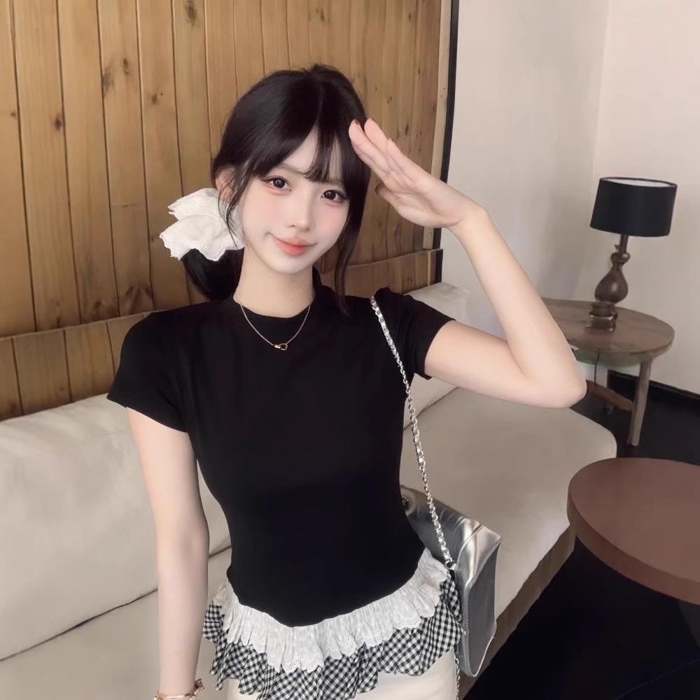 

Women s Summer Crew Neck Ruffle Patchwork Short Sleeve T-Shirt Large