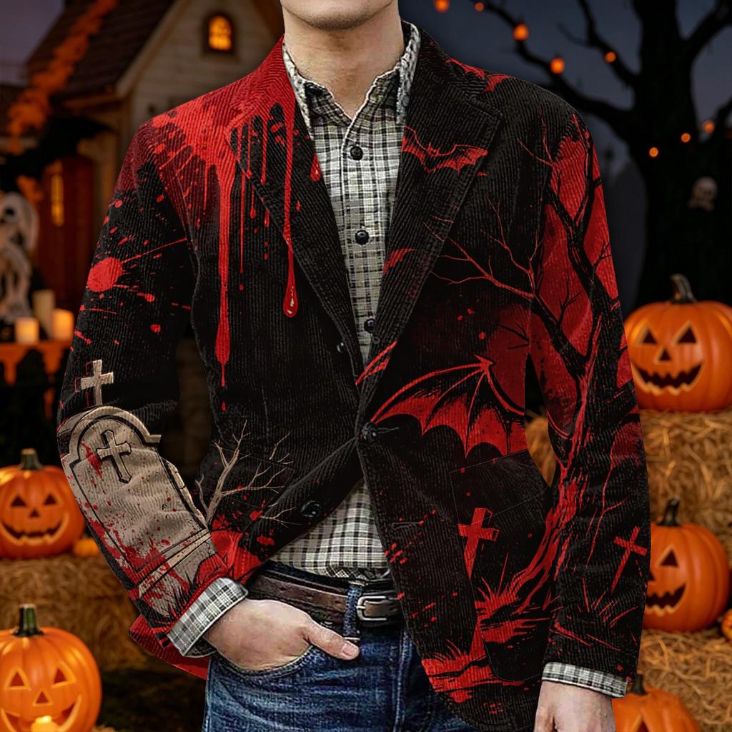 Herren Halloween Print Corduroy Warme Blazerjacke mit Taschen Lässiger Anzugmantel Knopfleiste Vorne Langarm Oberbekleidung