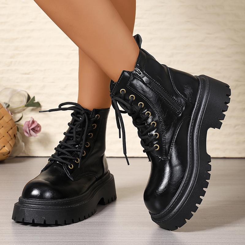Fashion Women's Black Platform Combat Boots Fashion Lace Up Zipper Pu Leather Short Boots Woman Thick Sole Non Slip Autumn Winter Shoes