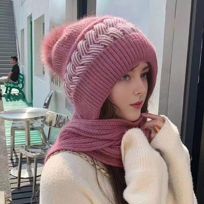 Gorro de invierno para mujer con bufanda, grueso, cálido, de felpa, resistente al viento, para ciclismo, con contraste de color, elástico, protección total, para viajes al aire libre, para clima frío, para esquiar