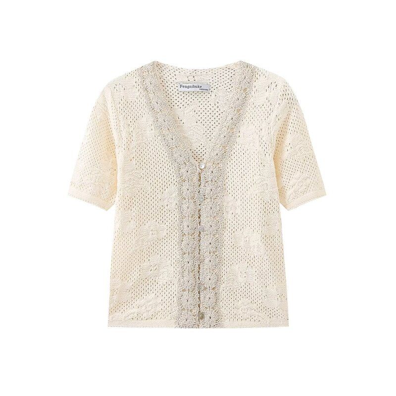 Fashion Style 2024 Autumn New Arrival Women's Stylish Short Sleeve Easiest for Match Jacquard Mesh Romantic Tops 6236101