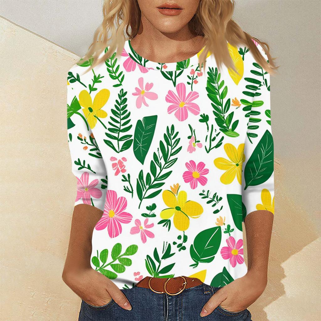 Ladies' Fashionable And Casual Seven Quarter Sleeve Floral Print Pullover Top
