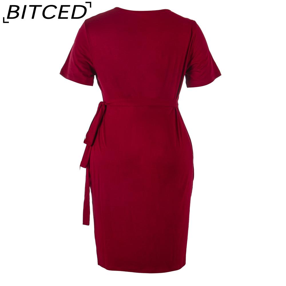 BITCED Plus Size Solid Color Casual Resort Dress Tie-Detail Resort V-Neck Midi Dress