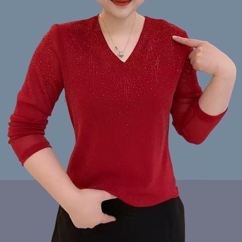 Women's V-neck Mesh Stretch T-shirt Shiny Rhinestone Long-sleeve Slim-fit Blouse Soft Skin-friendly Pullover T-shirt