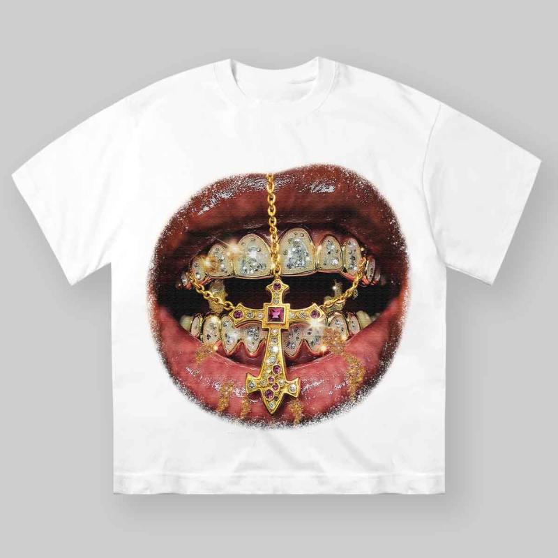 

High-Quality Golden Cross Diamond Patch Grills Print Y2k Unisex T-shirt XXL