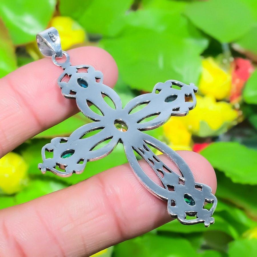 Cross- Swiss Blue Topaz, Citrine Gemstone 925 Sterling Silver Pendant 2.68" N0M48