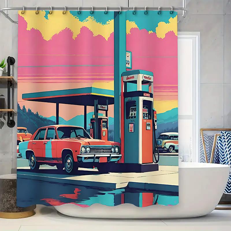 

Vintage Car Gas Station Shower Curtain Artistic Illustration Home Decor For Stylish Home Upgrade Waterproof Durable Easy-Clean W60H190(CM)-1 Pcs