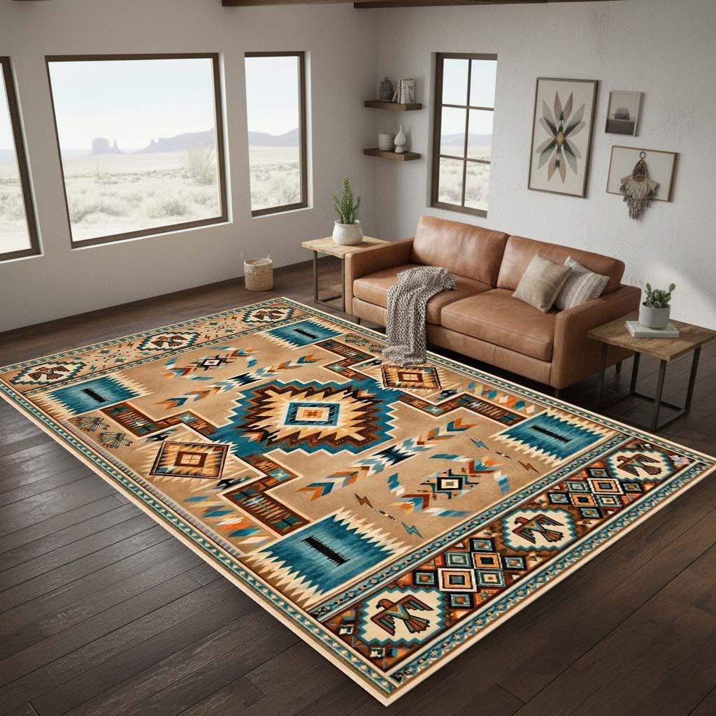 Tappeto a tema ispirato ai nativi americani, Mandala tribale e Tappetino antiscivolo geometrico per camera da letto, soggiorno, Tappeto decorativo rustico