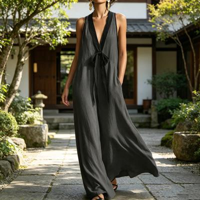 Women Color Block V Deep Dress Sleeveless Neck Maxi Flowy Loose Long