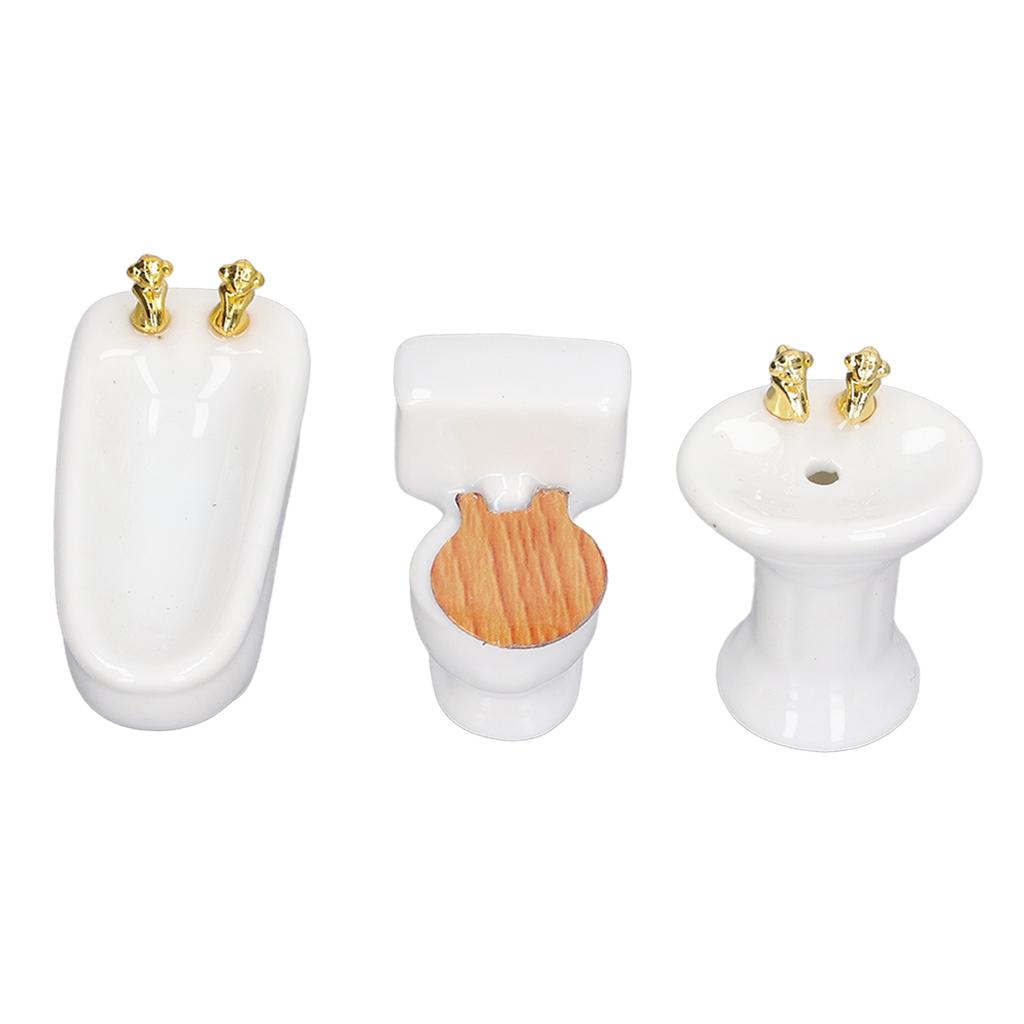 3Pcs Dollhouse Miniature Bathroom Set Ceramic Simulation Bathtub Toilet Sink 1/24 Dollhouse Bathroom Furniture Pure White