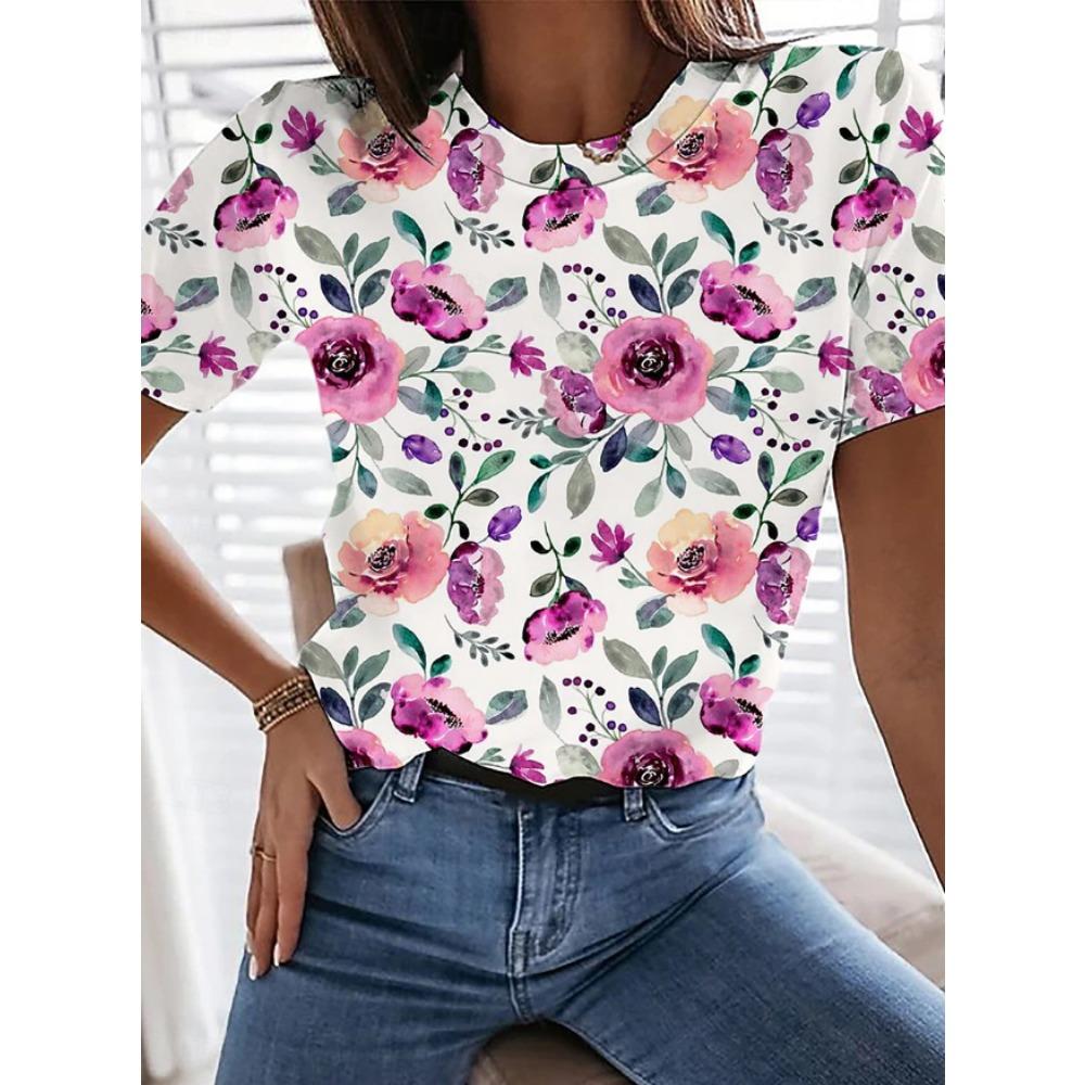 Fashion Women Flower Pattern Print T Shirt Funny Casual O-neck Short Sleeves T-shirt Summer Female Tee Shirt