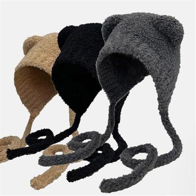 Winter Poggle Knit Teddy Bear Hooded Hat with String FD-0537