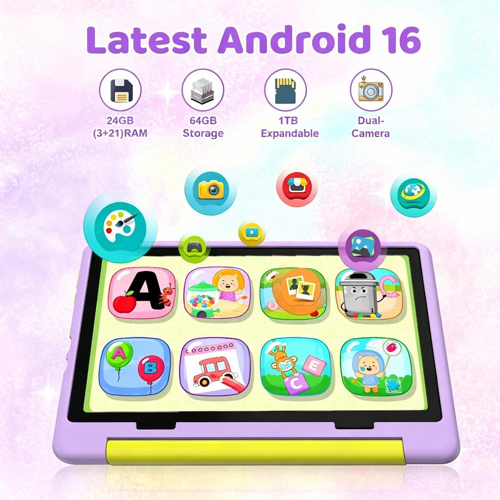 Tablet per Bambini Android 16, 10,1 Pollici, 24GB+64GB, WiFi 6, 6000mAh, Custodia Antiurto