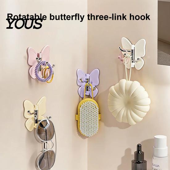 Hair Tie Holder Hook Rotating Butterfly Adhesive Wall Hooks, 3-Prong No-Drill Swivel Hangers, with Key Adjustable Angle Space-Saving Hook, for