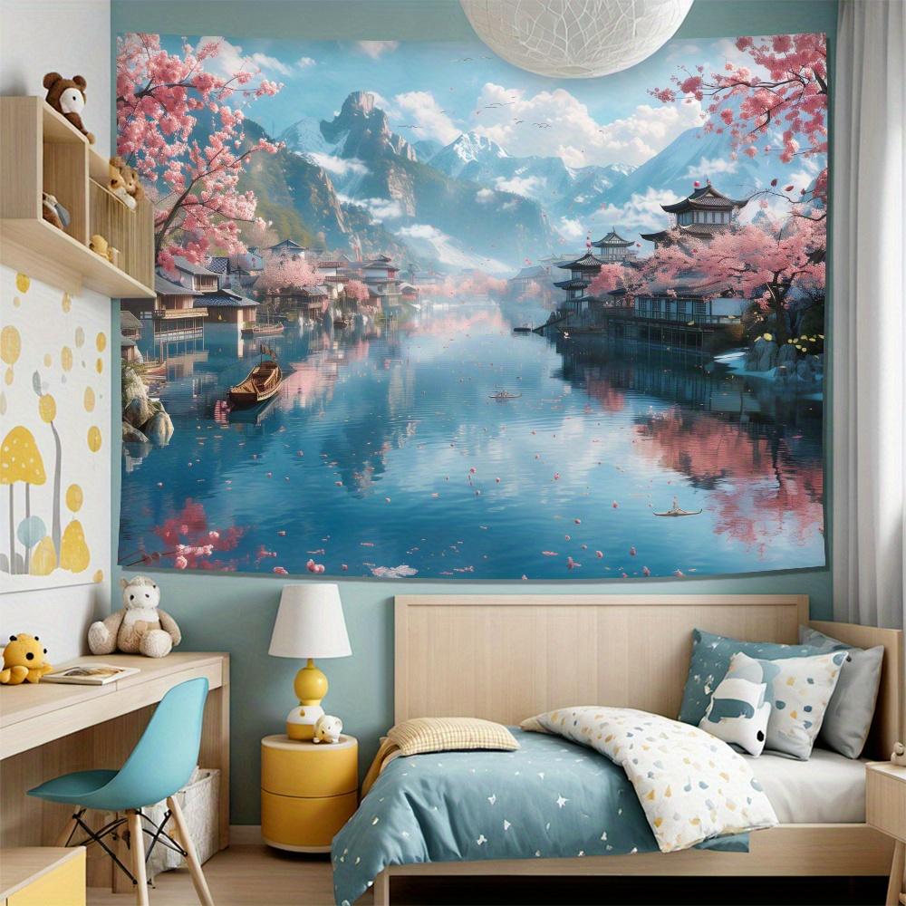 Cherry Blossom Lake Scene Tapestry 2D Digital Print Polyester Wall Hanging Living Room Bedroom Office Decor with Hooks