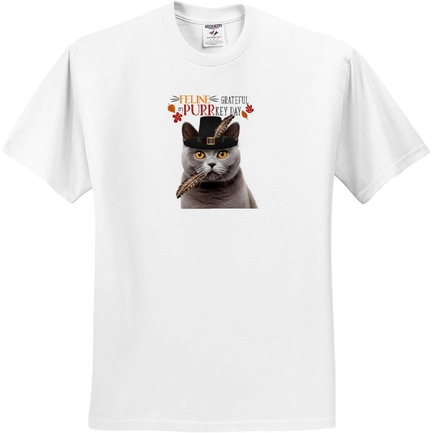3dRose, Gray British Shorthair Cat in a Thanksgiving Hat Silly Feline Humor, T-Shirt S