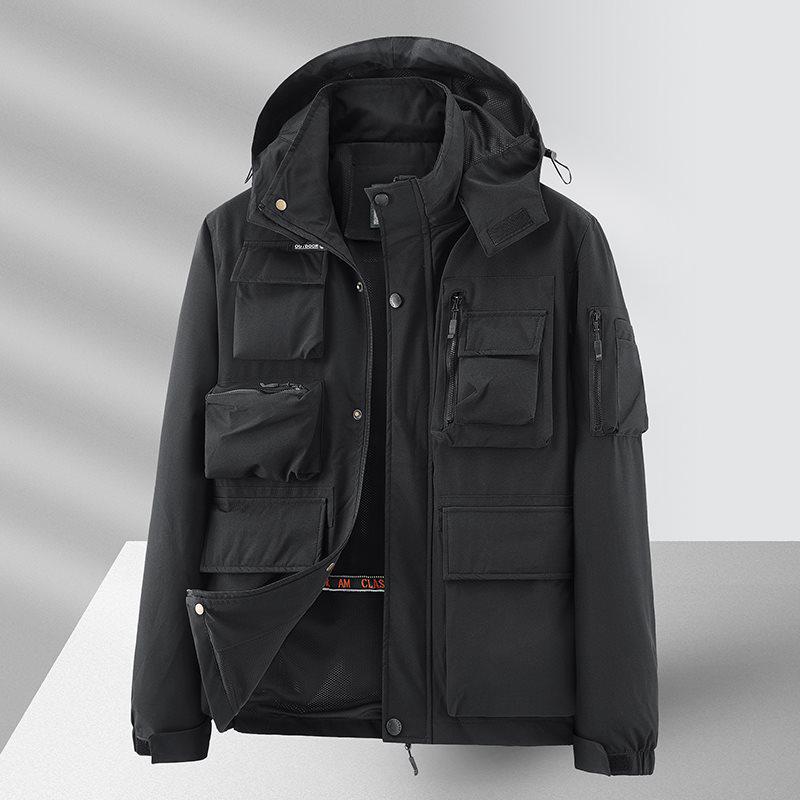 Men's Camouflage Workwear Jacket with Detachable Hood, Windbreaker for Spring/Autumn, Fashionable Loose Fit, Large Pockets