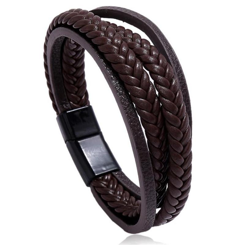 Multilayer Stacking Leather Bracelet Men Handmade Braided Black Silvery Magnetic Buckle Durable Charm Armband Homme Casual Joias
