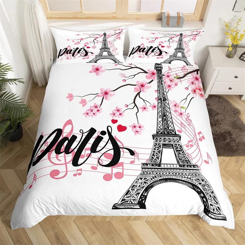 Paris Eiffel Tower Duvet Cover Set Twin King Cherry Blossoms Comforter Cover Microfiber Romantic Theme Bedding Set For Girl Teen