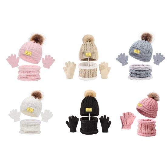 3Pcs/Set Kids Winter Hat Scarf Gloves Set Plush Ball Decor Twist Texture Brimless Hat Knitting Gloves Fleece Lining Neck Gaiter Set