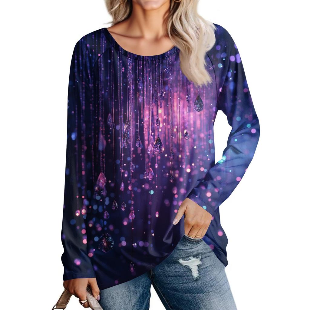 Women's Fashion Casual Long Sleeve  Print Round Neck Pullover Top Blouse