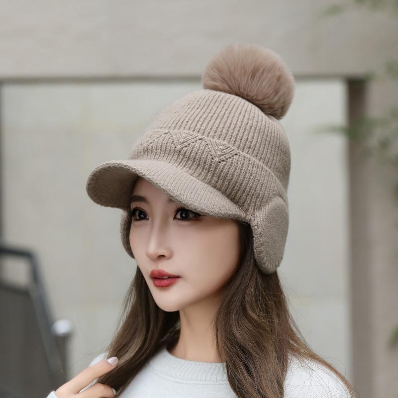 1Pc New Hat Winter Ear Protection Fleece Thermal Cotton Cold Autumn and Winter Foreign Style Knitted Fleece Wool Peaked Cap Women