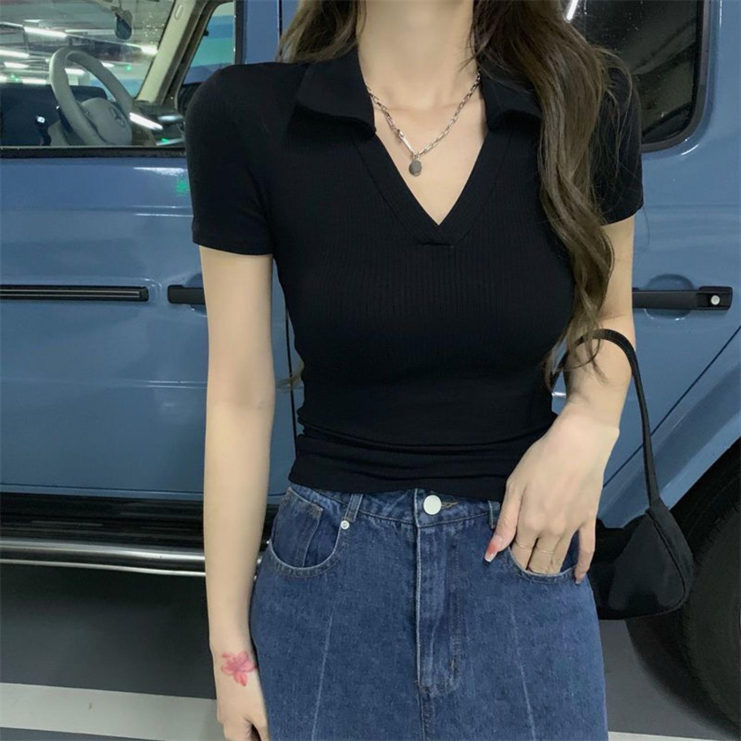 Women s V Neck Slim Fit Polo Shirt Short Sleeve Ribbed Knit T Shirt Basic Summer Top S
