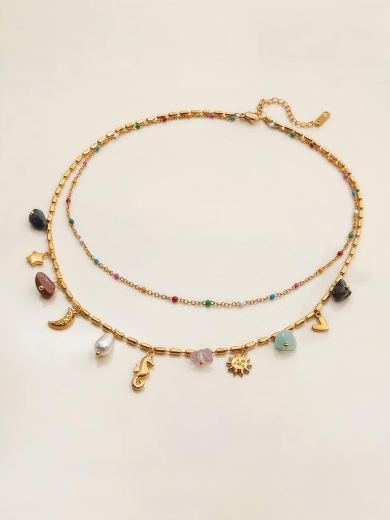 1pc Multi-Layer Colorful Necklace, Seahorse, Starfish, Heart Design, Sun Pendant, Elegant Bohemian Style Necklace, Jewelry Gift For Women