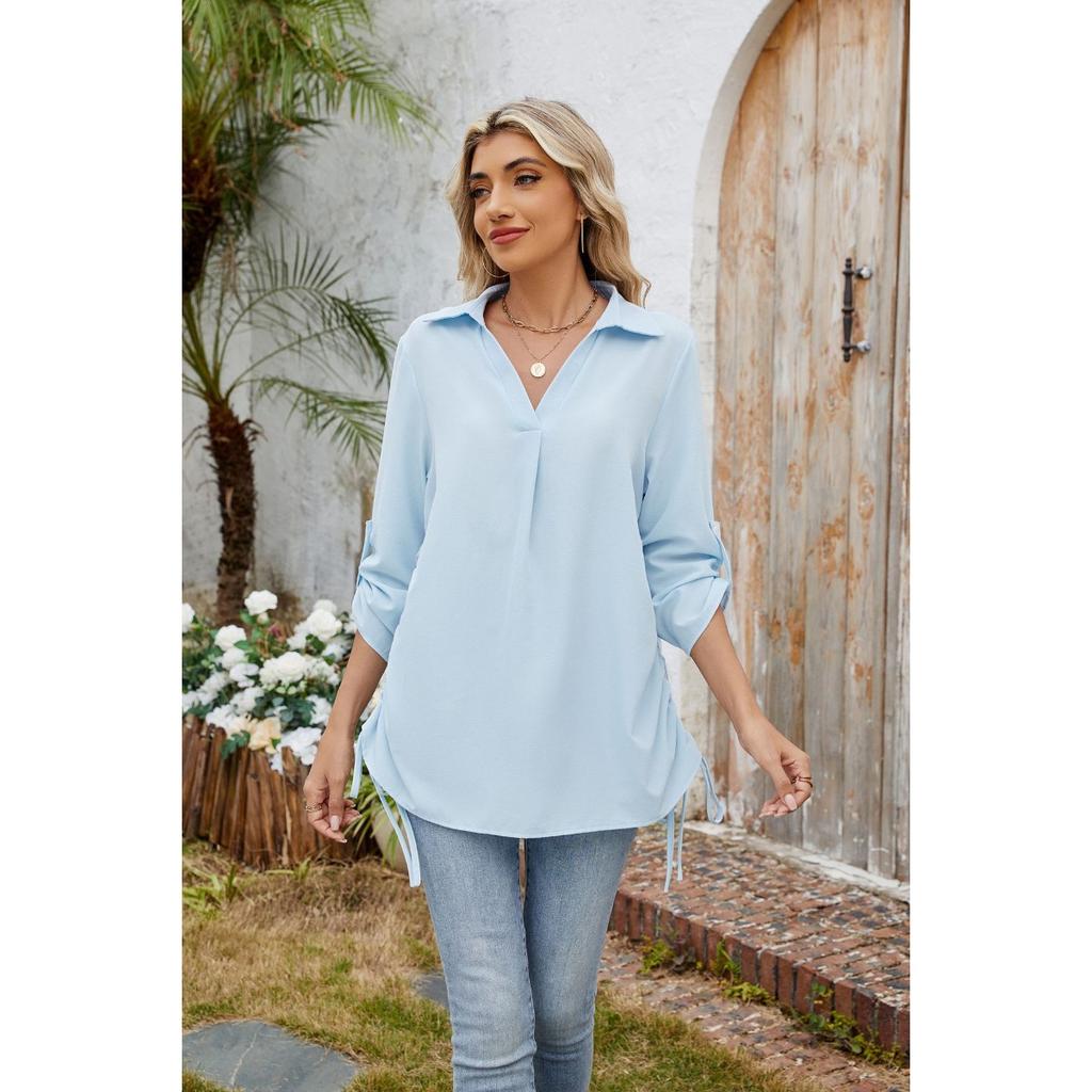 Spring Summer New Women's Solid Color Lapid Loose 3/4 Sleeve Chiffon Shirt Blouse Casual Top for Cross-border