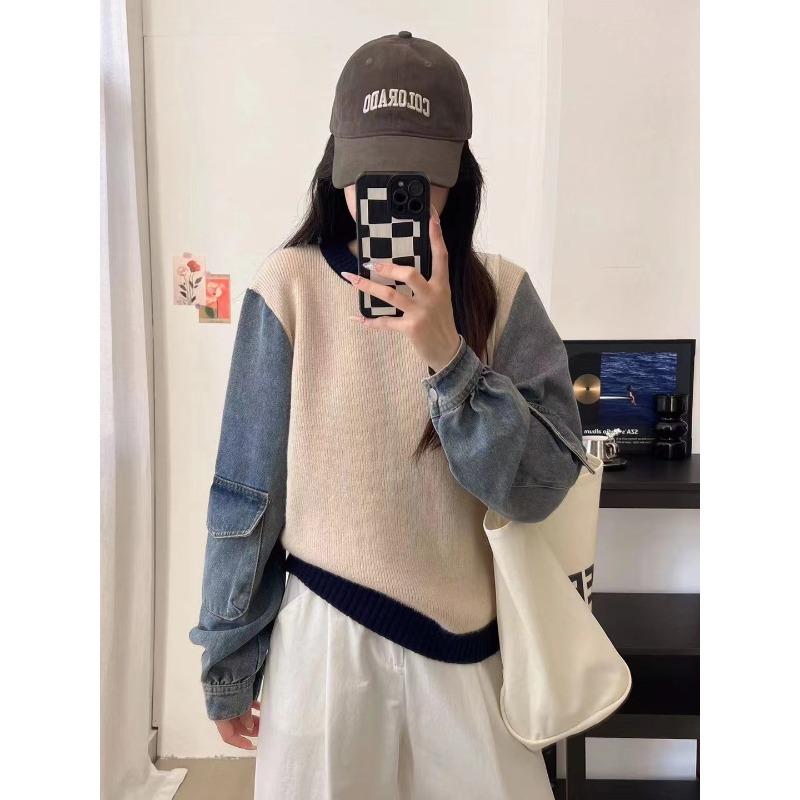 Splicing denim design knitted sweater top autumn and winter new loose casual contrasting sweater pullover women