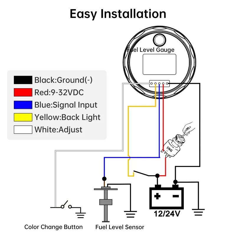 0-190 Ohm Fuel Float Sensor + Fuel Level Gauge 7 Color Light Auto Marine RV Boat Car 2" 52mm Fuel Tank Level Gauge 12V24V