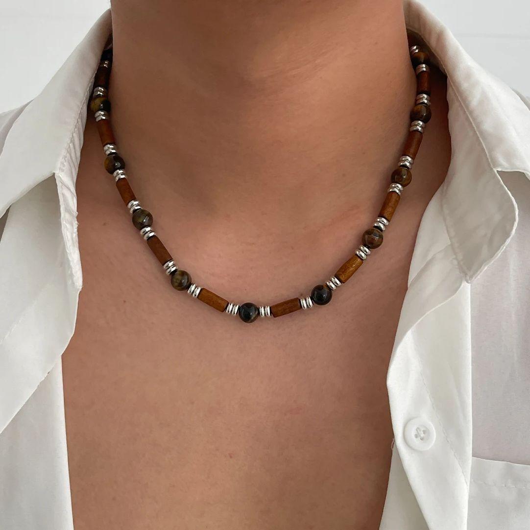 Lucky Star Jewelry Women's Brown Purui Vintage Wooden Bead Necklace For Men Ethnic Tiger Stone Ccb Beads Short Clavicle Chain Zircon Accessories 2025 New