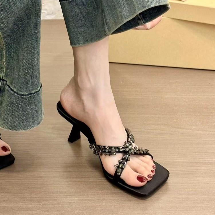 Fashion 2025 New Summer Women's High Heel Slippers Fashion Crystal Open Toe Slides Elegant Outdoor Evening Party Shoes