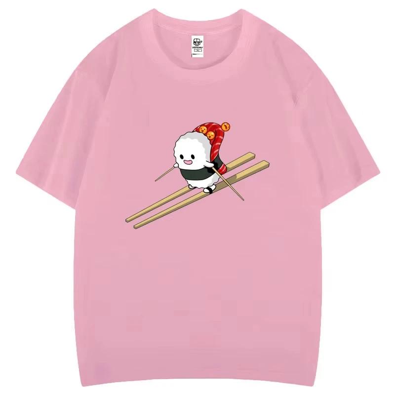 Funny Sushi Ski Cartoon Graphic T-shirt Creative Popular Fashion Aesthetics Print  Tops Gothic Hipster Casual Streetwear