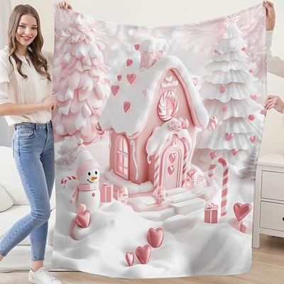 1pc Pink Candy House Design Blanket ,Sofa, Bed, Travel, Lunch Break, Flannel Blanket.