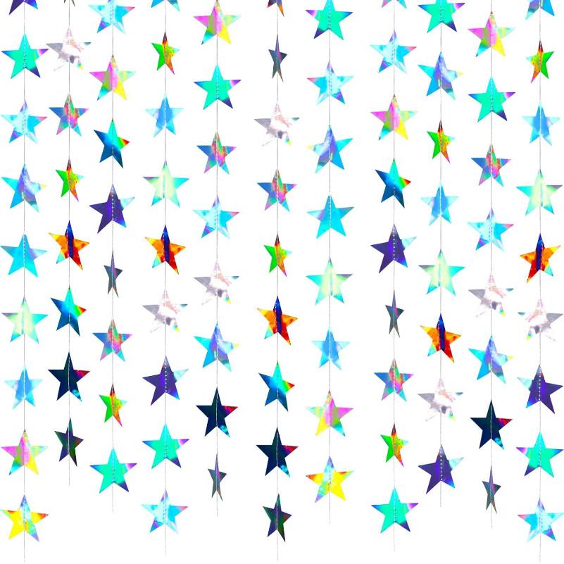 4M Iridescent Party Decor Holographic Circle Iridescent Star Decorations, Hanging Stars Banner Decor for Birthday Wedding Xmas 1PC-4M