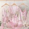 Elegant Women's Spring & Autumn Ice Silk Pajama Set: Long Sleeve Camisole Nightdress & Robe, 5-Piece Luxury Home Wear.