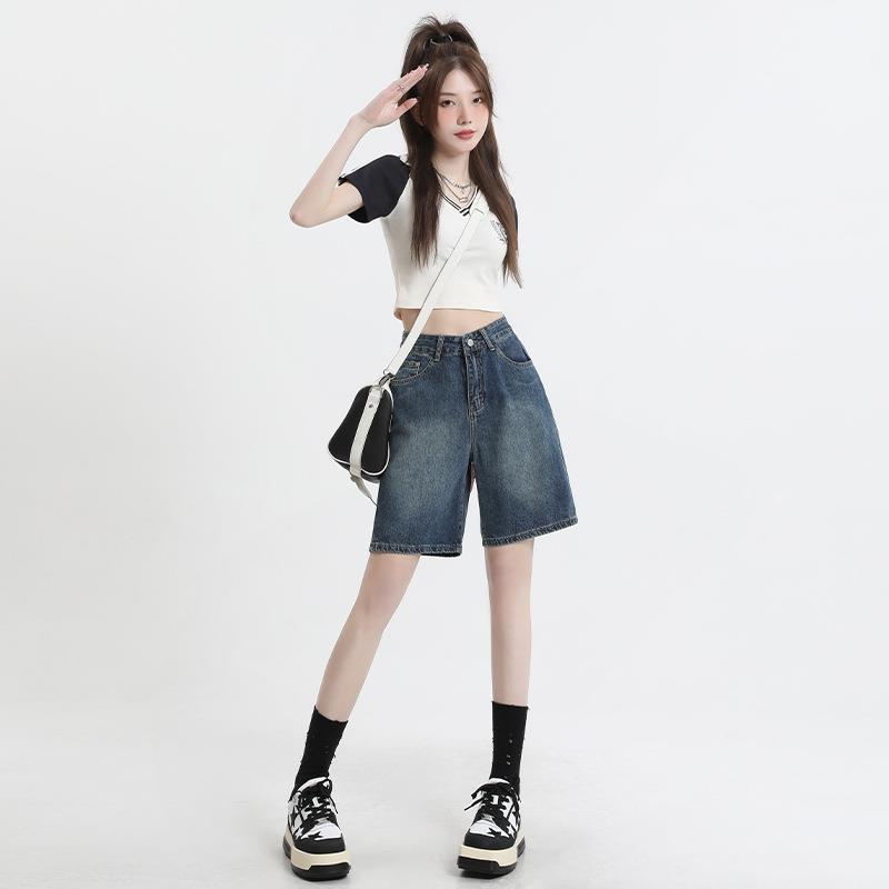 Retro Blue Denim Shorts Women's Summer Thin Five-point Pants Straight Loose High Waist All-match Pants