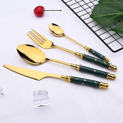 Ensemble de 4 Pièces Vert Or Antirouille en Acier Inoxydable Vaisselle Couverts Manche en Céramique Fourchette à Thé Cuillère à Dîner Ensemble Couteau Lave-vaisselle
