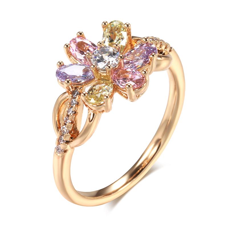 New  Rose Gold Flower Ring For Women Fashion Colorful Natural Zircon Rings Fine Bride Wedding Jewelry Crystal Gift