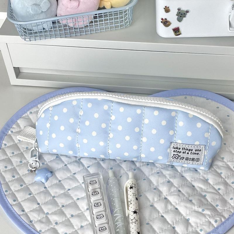 Polka Dot Pencil Case Soft Padded Durable Zipper Dustproof Stationery Organizer for Students School Business Trip Use