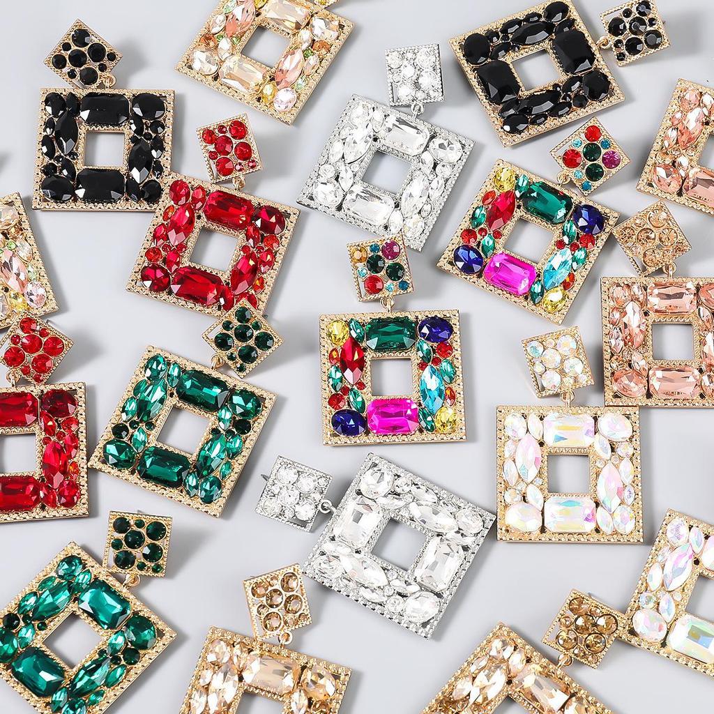 European & American Fashion Multilayer Colored Diamond Square Earrings