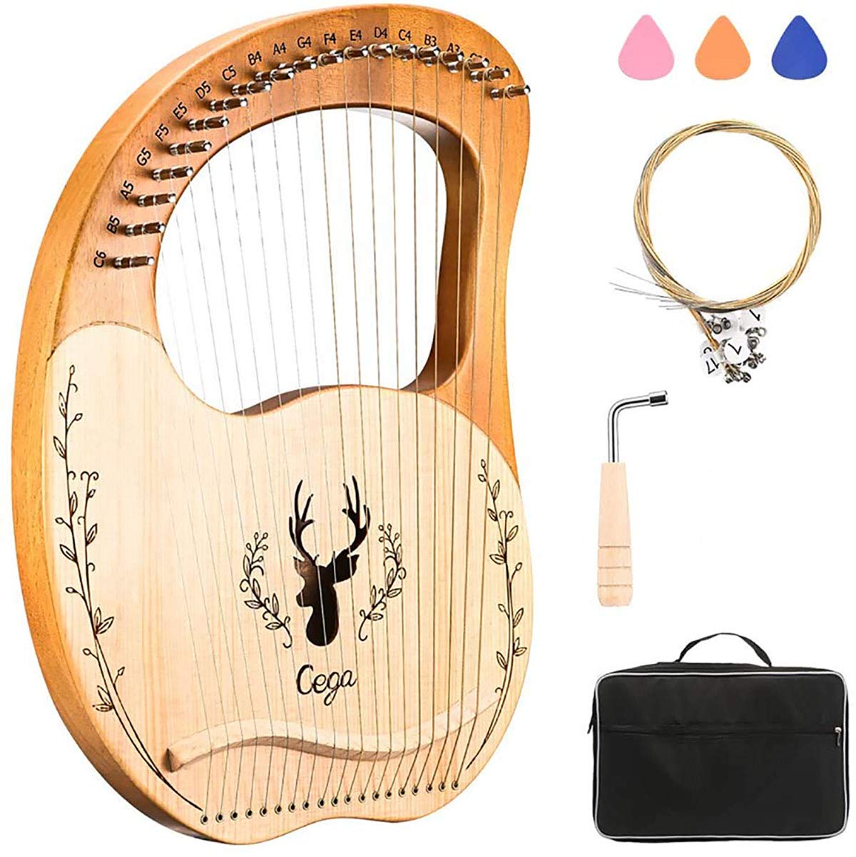 

Portable Wooden Lyre Harp with Metal Compact Mahogany Tuning Stringed Instrument for Holiday Gift for Kids 19-String Strings, Beginners, (Wood Color)
