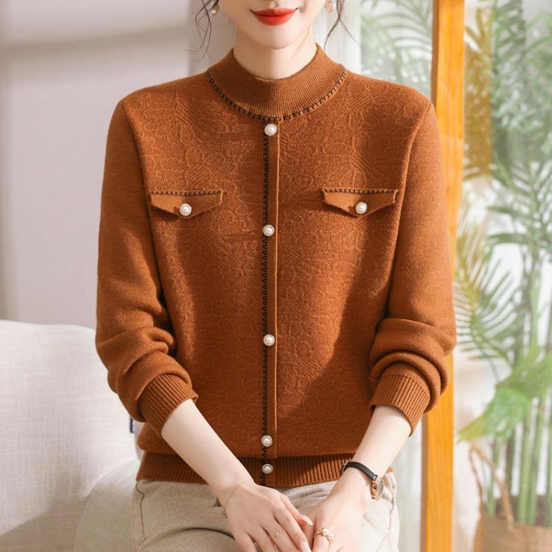 Mid-mother autumn and winter women's sweater jacquard semi-turtleneck pullover fleece thickened knitted bottoming shirt top