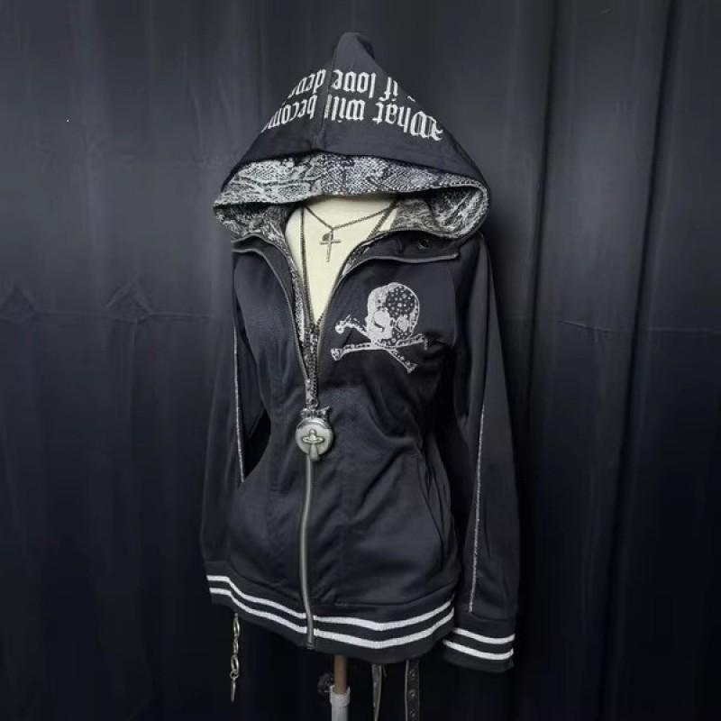 2026 New Arrival Dark Streetwear Zip Up Hoodie Y2K Slim Fit Gothic Sweatshirt Teens Youth