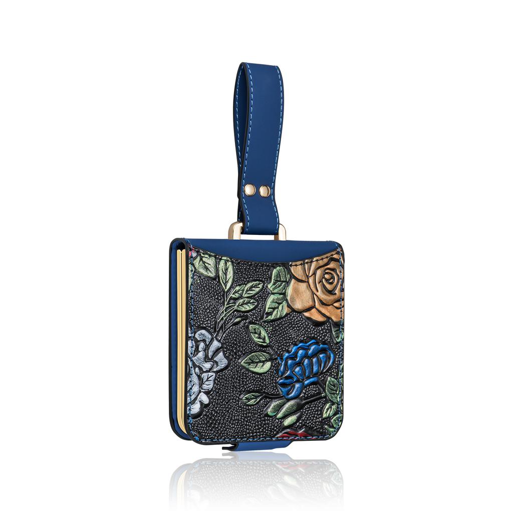 Kompatibel mit Galaxy Z Flip 7/6/5/4/3 Hülle mit Kartenfächern, 3D-Reliefmalerei PU-Leder Handyhülle mit Armband