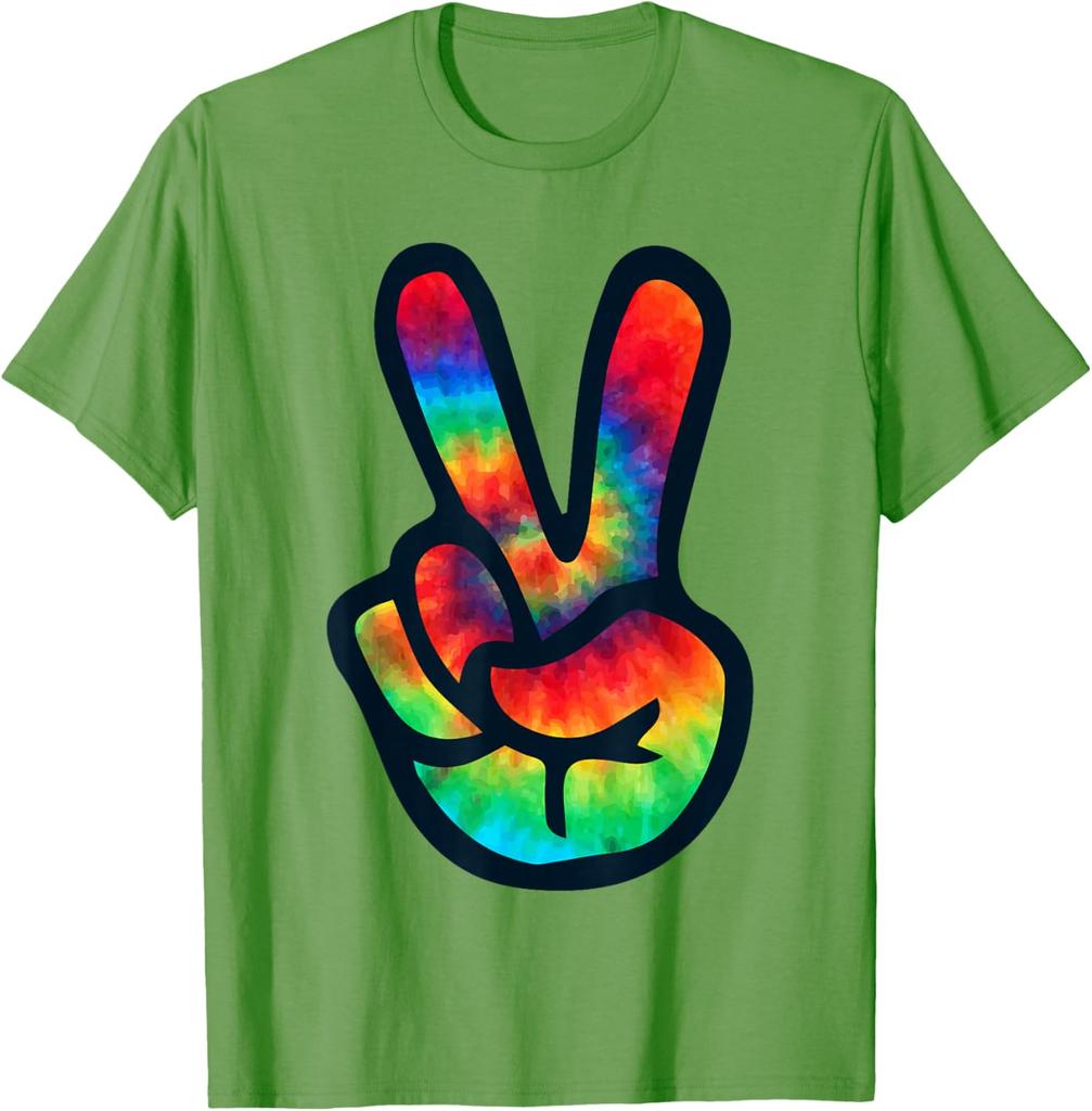 Tie Dye Peace Sign Hippie V Hand Graphic Short Sleeve Cotton Crew Neck TShirt