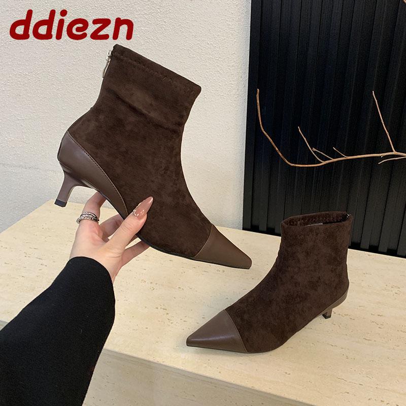 Flock Women Short Boots With Low Heel Shoes Pointed Toe Modern Ladies Ankle Boots Female Zippers Shoes Pumps