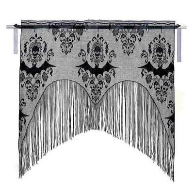 Halloween Black Lace Curtains Tassel Valance Skull Bat Tulle Topper Shawl