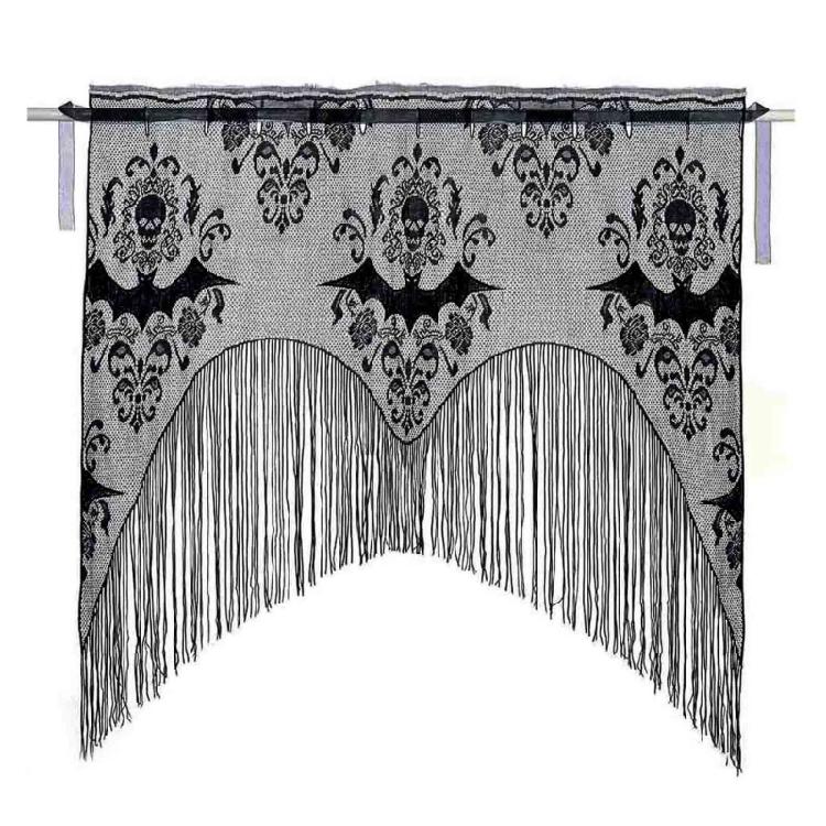 

Halloween Black Lace Curtains Tassel Valance Skull Bat Tulle Topper Shawl 1